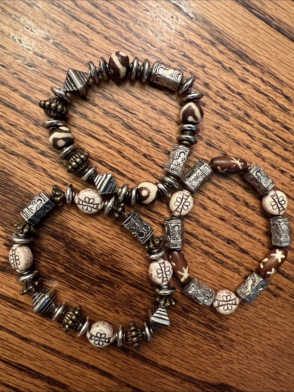 Vintage Boho Brown and Cream Beaded Stretchy Bracelet Matching Set 3pc Hippie
